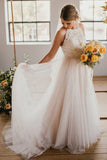 A-Line Round Neck Light Pink Sweep Train Tulle Halter Wedding Dress with Lace UK PH786
