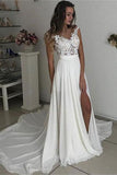 Formal Long Ivory Lace Chiffon Side Slit Cap Sleeve Cheap Beach Wedding Dresses uk PW107
