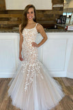 Charming Mermaid Lace Tulle Spaghetti Straps Long Appliques Prom Dresses P1527