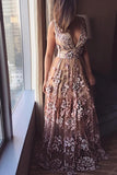 Deep V Neck Lace Applique A-line Prom Dresses, Beads Long Formal Dresses P1253