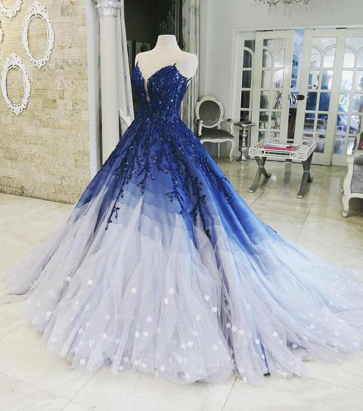 Ombre Royal Blue Appliques Long V-Neck Ball Gown Prom Dress P1319