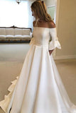 Elegant Off the Shoulder Satin 3/4 Sleeves Ivory Wedding Dresses with Pockets W1273
