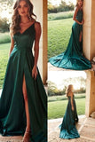 Green Spaghetti Straps Satin Long Prom Dress Cheap Evening Dress P1531
