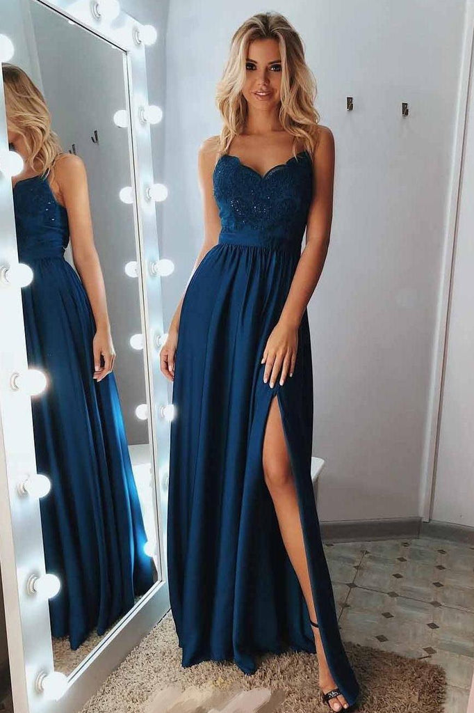 Blue Spaghetti Straps Sweetheart Satin Prom Dresses with Slit Beads PW591