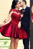 Wine Red High Neckline Long Sleeves Backless Lace Short Prom Dress