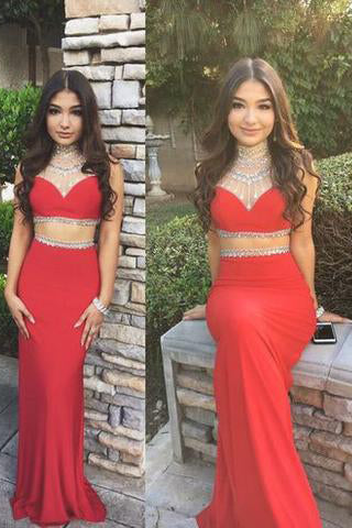 Two Piece Long ChiffonProm Dresses Beading Red Prom Dresses Bg1105