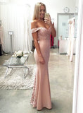 Sexy Pink Lace Off the Shoulder Long Evening Dress