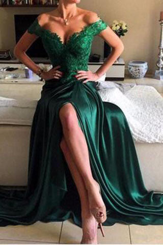 Dark Green Lace A Line Long Charming Prom Dress