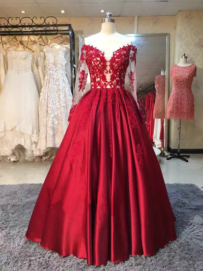 Sweetheart A Line Long Sleeves Lace Burgundy Cheap Prom Dress ...