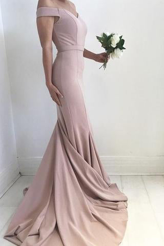 Blush Pale Pink Sexy Off the Shoulder Mermaid Charming Satin Sweep Train Prom Dresses PM163