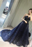 Elegant A Line Strapless Navy Blue Sparkly Long Prom Dress PM427