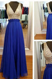 V-Neck Royal Blue Off the Shoulder Open Back Beaded Prom Dress