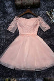 Cute Lace Tulle A-line Off the Should Half Sleeves Short Homecoming Dresses PM134