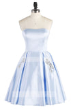 Light Sky Blue Strapless Satin Lace up Knee Length with Pockets Homecoming Dresses uk PH836