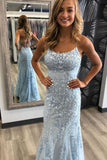 Mermaid Spaghetti Straps Light Blue Prom Dress with Appliques, Evening Dresses P1350