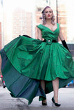 Elegant Sexy A-Line Deep V-neck Cap Sleeve High Low Green Taffeta Prom Dresses uk PH263