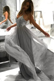 Light Grey Backless Spaghetti Straps Lace Tulle Long A-line V-Neck Prom Dresses uk PM529