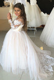 Princess A-Line Round Neck Tulle Long Sleeves Bowknot Flower Girl Dress with Appliques PH797
