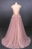 Elegant Pink V-Neck Sleeveless Tulle Prom Dress with Appliques A Line Tulle Evening Dress P1252