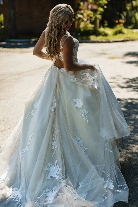 A Line Floral Appliques Beach Wedding Dress Backless Tulle Boho Wedding Gowns PW947