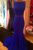 Royal Blue Scoop Mermaid Sleeveless Backless Beads Spandex Prom Dresses uk PM618