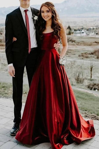Elegant A Line Red Spaghetti Straps Satin Prom Dresses with Pockets, Evening Dress P1455