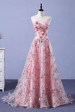 Pink A-line Sweetheart Strapless Sweep Train Floral Print Long Lace Prom Dresses with flowers PH524
