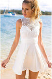 Short Open Back White Appliques Short Stretch Satin Homecoming Dress with Lace PM129