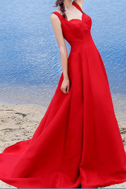 Sexy Elegant Red A-line Halter Satin Sweetheart Lace Up Simple Prom Dresses UK PH324