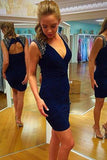 Sexy V-Neck Sleeveless Short Backless Navy Blue Homecoming Dress with Sequins PM453