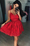 A Line Red V Neck Lace Appliques Spaghetti Straps Beads Short Homecoming Dresses uk PH813