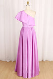 Elegant A Line One Shoulder Long Satin Prom Dress Daffodil Party Dress with Ruffles P1556