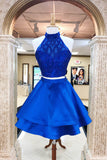 A Line Royal Blue Two Pieces Open Back Beaded Short Prom Dresses,Homecoming Dresses uk PH993
