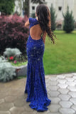 Mermaid Royal Blue Jewel Beading Sweep Train Lace Backless Prom Dress