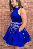 Cute A Line Round Neck Open Back Royal Blue Homecoming Dresses uk with Beads Pockets PH924