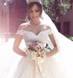 Sexy Ball Gown Off the Shoulder Sweetheart Ivory Tulle Lace Appliques Wedding Dress PW23