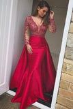 Elegant Mermaid Long Red Long Sleeve Beading V Neck Lace Satin Backless Prom Dresses uk PH851