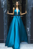A-line V-Neck Halter Sweep Train Blue Sleeveless Elastic Woven Satin Backless Prom Dress PH445