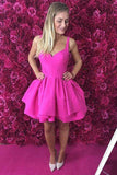 Ball Gown Scoop Eyelet Lace up Fuchsia Short Prom Dress,Satin Cute Mini Homecoming Dress PH700