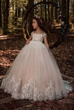 Cute Tulle Scoop Ball Gown Lace Appliques Beads Cap Sleeve Pink Flower Girl Dresses uk PW298