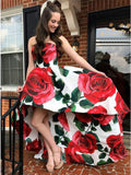 A Line Strapless High Low Red Rose Floral Satin Prom Dress Long Evening Dress P1438