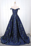 A Line Off the Shoulder Long Navy Blue Prom Dresses with Printed Evening Dresses PW847