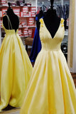 A Line Spaghetti Straps Yellow Satin Formal Dress Long Dance Dress PD17