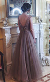 Gorgeous A Line Backless Cap Sleeves Scoop Tulle Brown Long Prom Dresses PH424