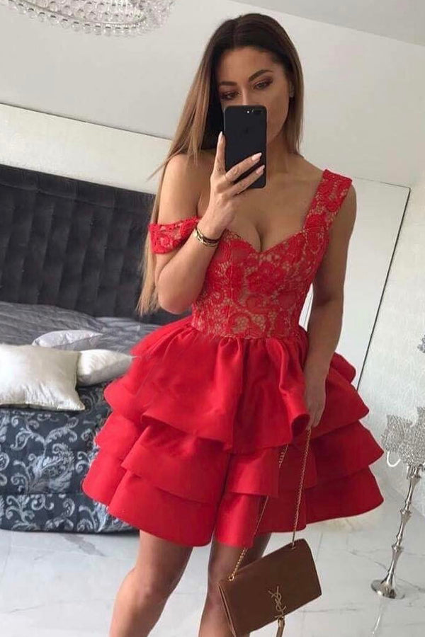 A-Line Straps Short Red Satin Sweetheart Sleeveless Cute Graduation Homecoming Dress PM230