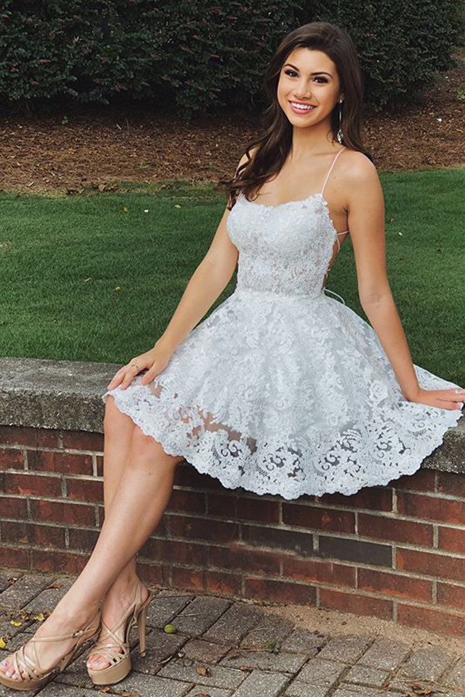 A Line Sweetheart Spaghetti Straps Backless White Lace Appliques Short Homecoming Dresses uk PH981