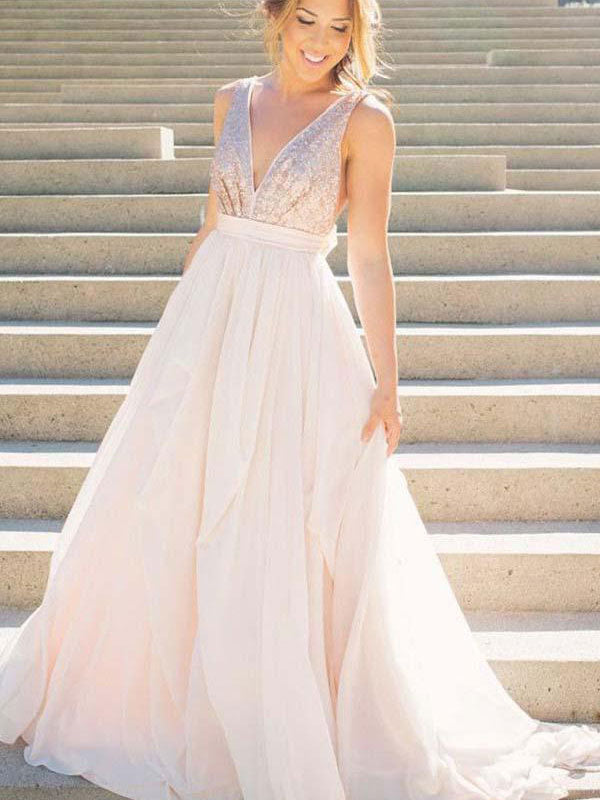 A Line Pink V Neck Sequins Simple Long Cheap Chiffon Backless Prom ...