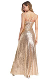 A Line Spaghetti Straps Sequins V-Neck Backless Prom Dress with Side Slit Formal Dress P1196