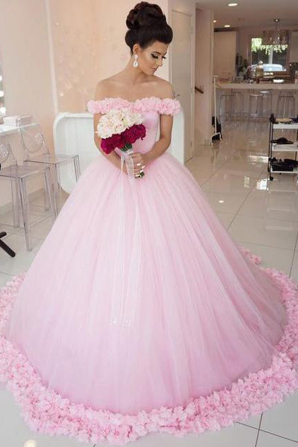Ball Gown Off shoulder Pink Tulle Wedding Quinceanera Dresses With Flowers PM284