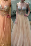 A-Line Champagne V-Neck Rhinestone Sleeveless Floor-Length Tulle Zipper-up Prom Dresses uk PM613